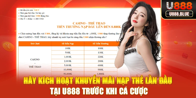 Hãy kích hoạt Khuyến mãi nạp thẻ lần đầu tại U888 trước khi cá cược Hãy kích hoạt Khuyến mãi nạp thẻ lần đầu tại U888 trước khi cá cược